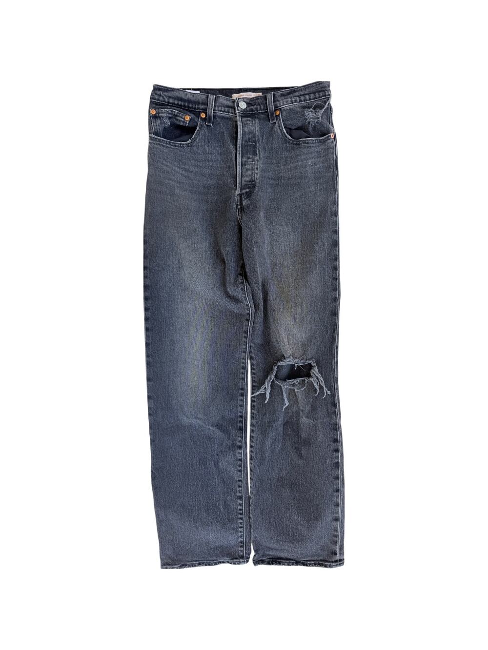 Levis Ribcage Jeans Womens 30 Black High Rise Straight Distressed Denim